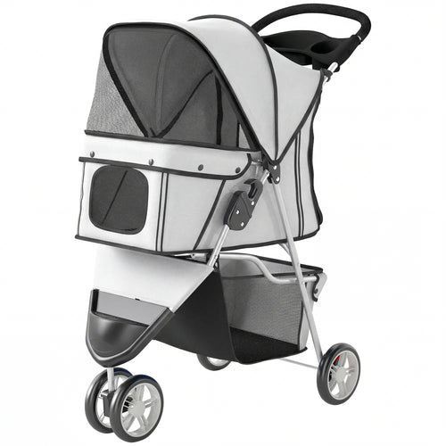 Foldable Dog Stroller, 3 Wheels, Storage Basket, Adjustable Canopy, Grey
