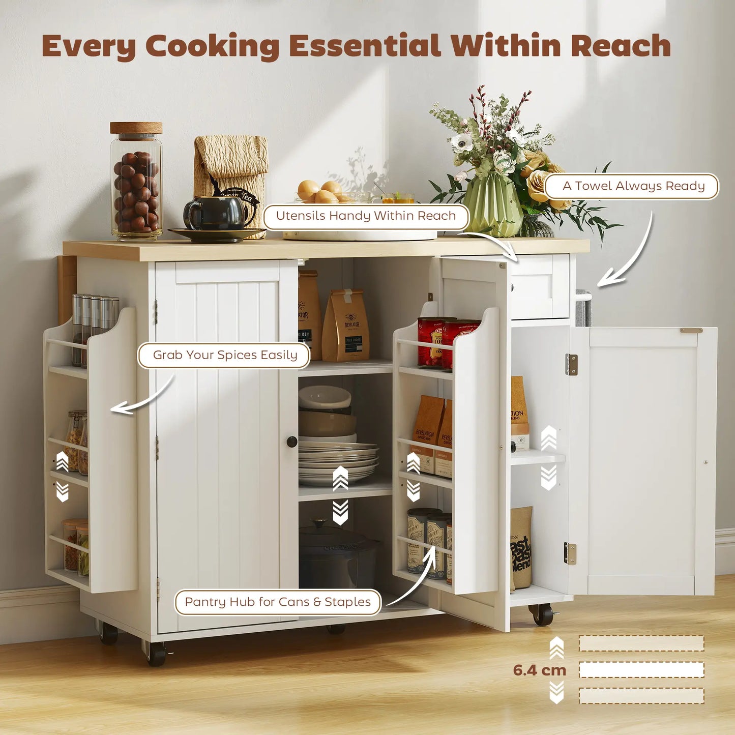 Kitchen Island Cart, Rolling Table with Drop Leaf, Drawer, Spice Rack, White Kitchen Islands & Kitchen Carts at Gallery Canada