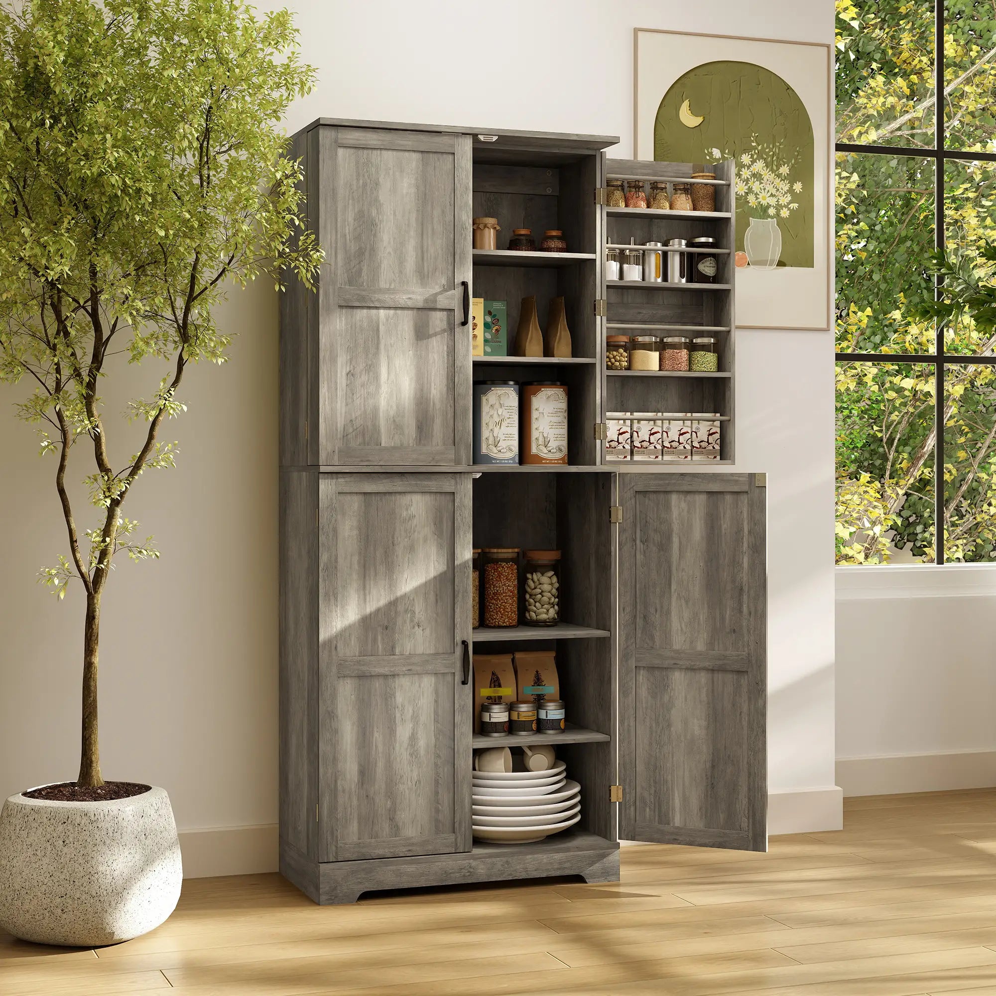 Farmhouse Kitchen Pantry Cabinet, Barn Doors, Adjustable Shelves, Distressed, Grey Storage Cabinets at Gallery Canada