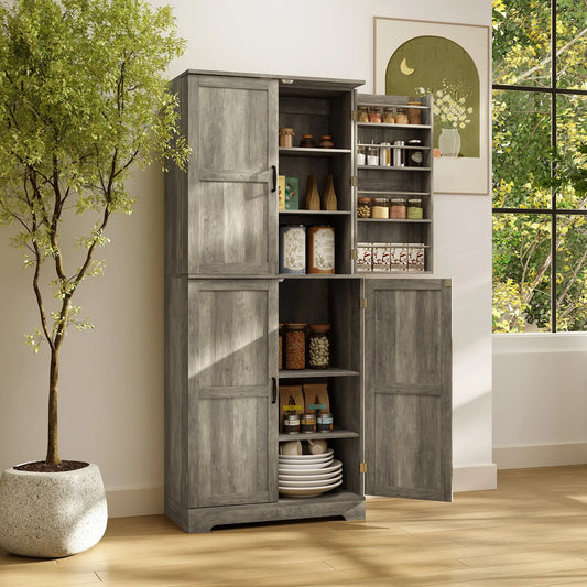 Farmhouse Kitchen Pantry Cabinet, Barn Doors, Adjustable Shelves, Distressed, Grey