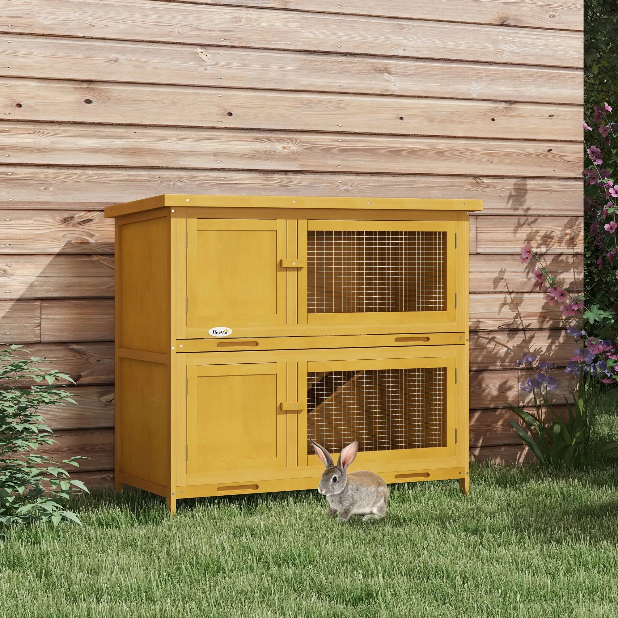Wood Rabbit Hutch, 2 Large Main House, Ramp, Trays, Yellow Rabbit Hutch at Gallery Canada