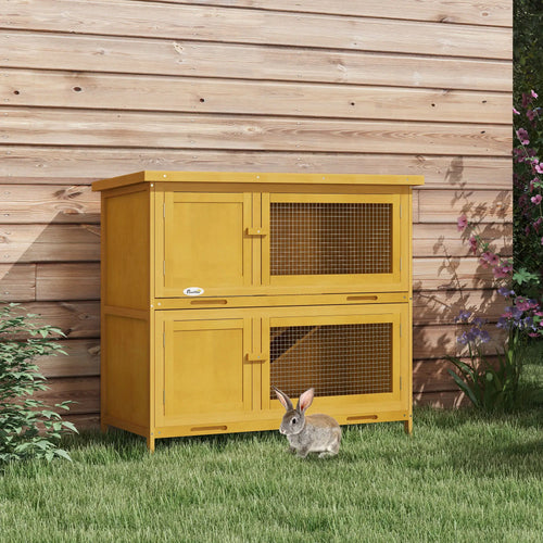 Wood Rabbit Hutch, 2 Large Main House, Ramp, Trays, Yellow