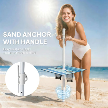 6 ft Portable Beach Umbrella With Foldable Table, Tilting Sun Shade, Dark Blue