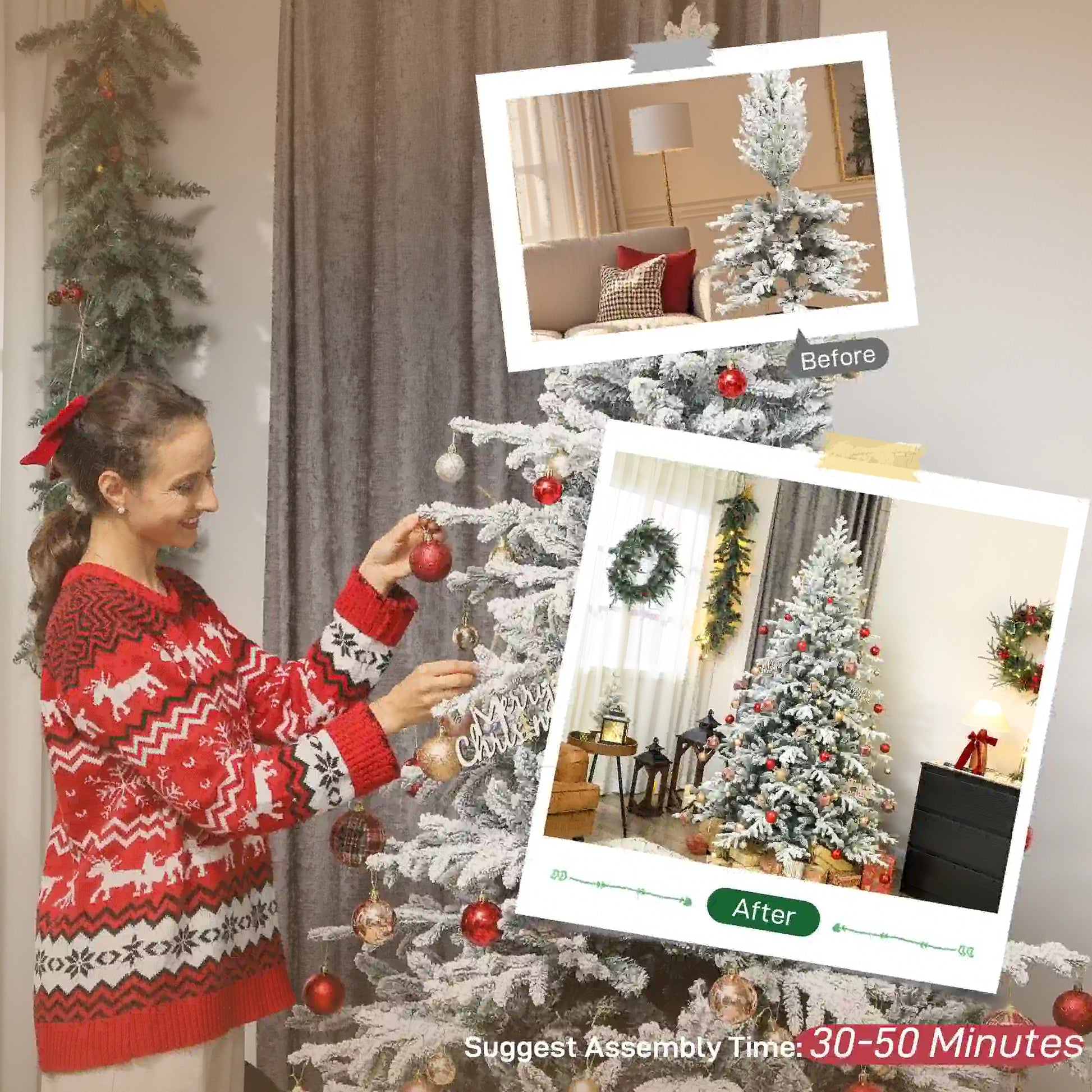 7ft Artificial Flocked Christmas Tree, Full Snow Pine, Hinged with Metal Stand Artificial Christmas Trees at Gallery Canada