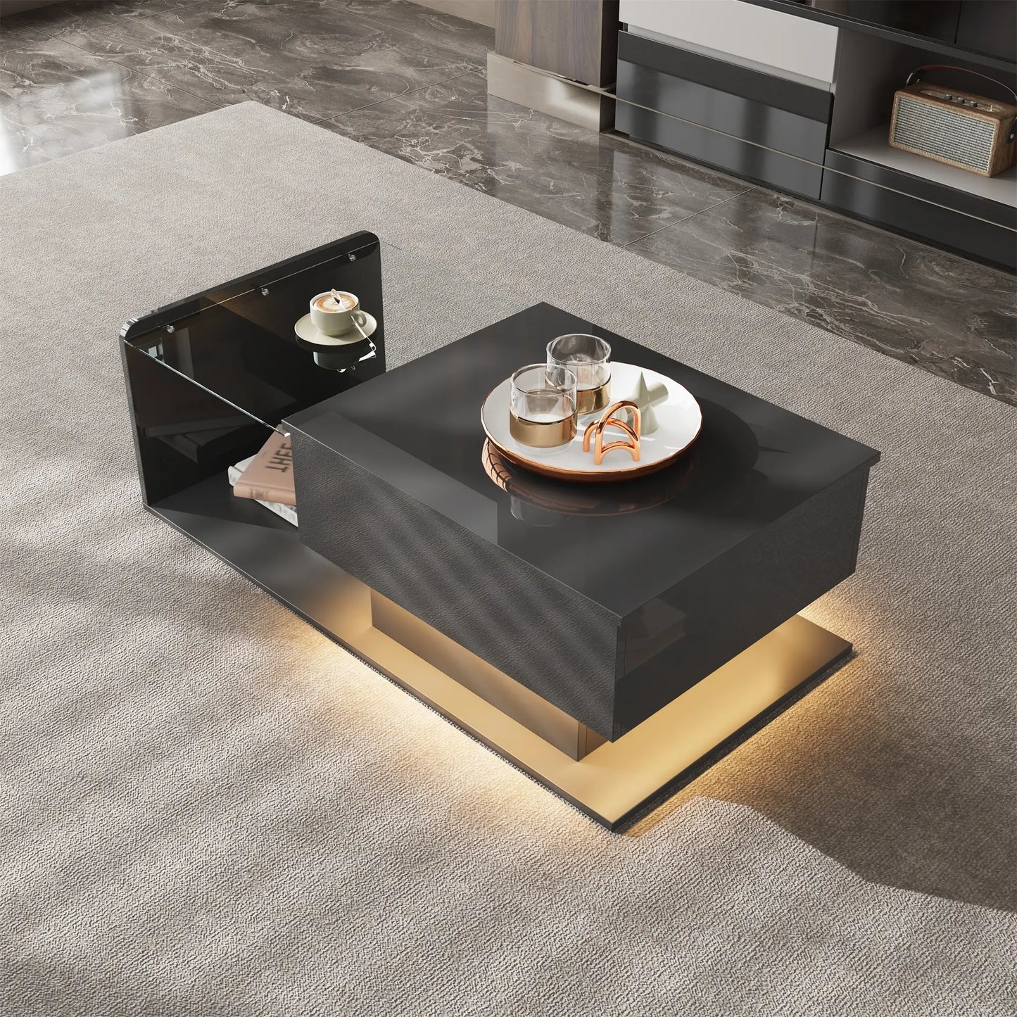 Coffee Table, Tempered Glass Top, LED Light, Adjustable Height, 39.5" L x 19.5" W x 13" H, Black Coffee Tables at Gallery Canada