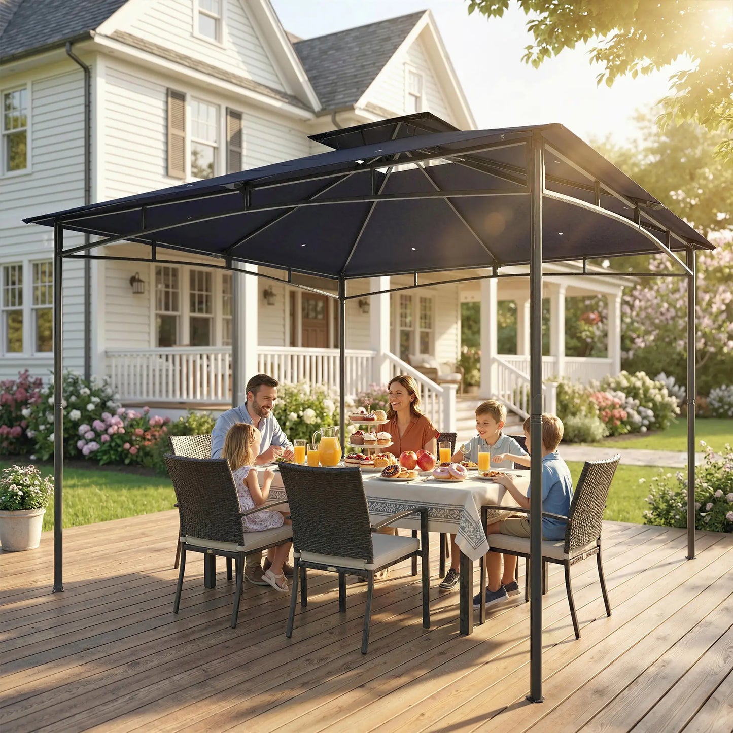 10' x 10' Gazebo, Soft Top, 2-Tier Roof, Metal Frame, Navy Blue Gazebos at Gallery Canada