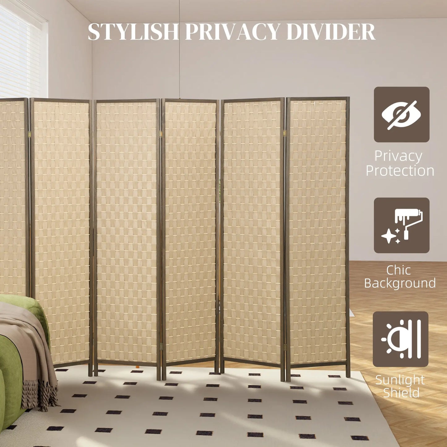 6 FT Room Divider, 6 Panel Folding Privacy Screen, Brown