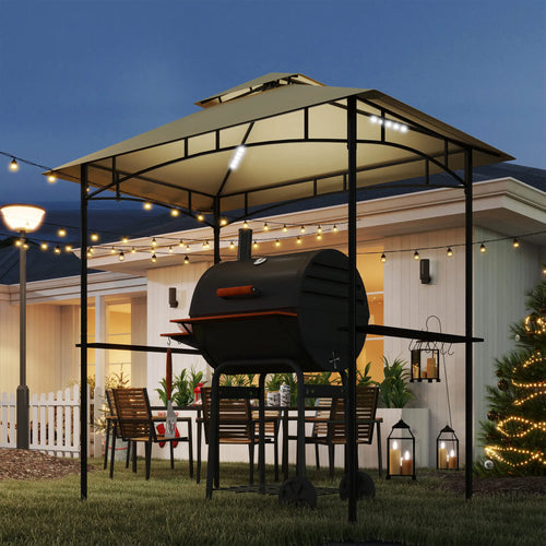 8' x 5' Outdoor Grill Gazebo, Double Tiered, 2 Side Shelves, Hooks, Beige