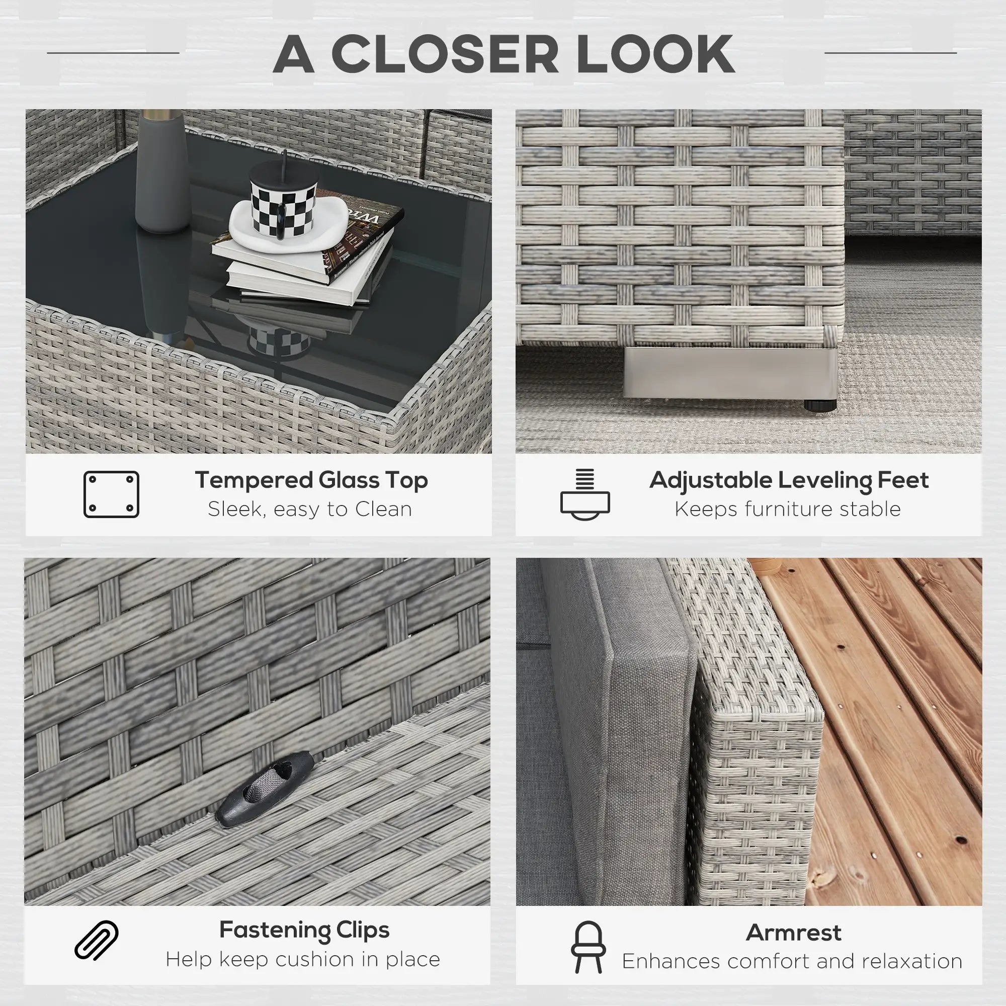 7pc Garden Wicker Sectional Set, Tea Table, Patio Rattan Sofa, Grey Patio Furniture Sets at Gallery Canada