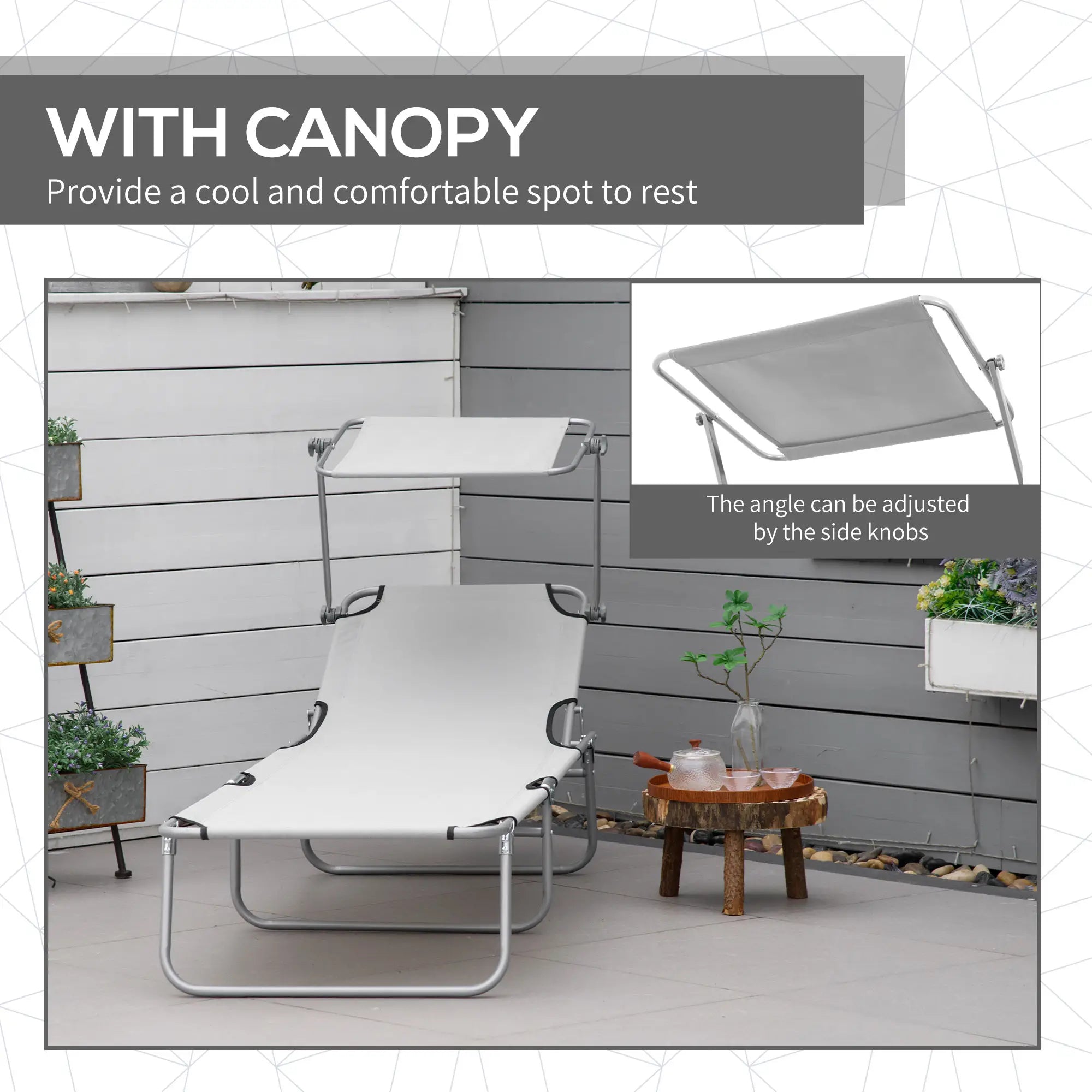 Outdoor Lounge Chair, Adjustable Folding Chaise, Sun Shade, Light Grey Lounger Chairs at Gallery Canada