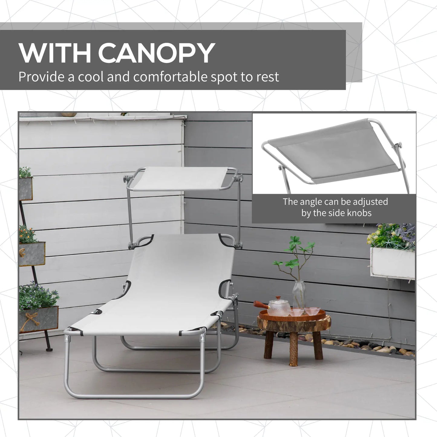 Outdoor Lounge Chair, Adjustable Folding Chaise, Sun Shade, Light Grey Lounger Chairs at Gallery Canada