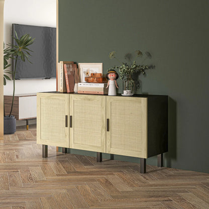 Boho Sideboard, 3 Rattan Doors, Adjustable Shelves, Natural, Black Storage Cabinets at Gallery Canada