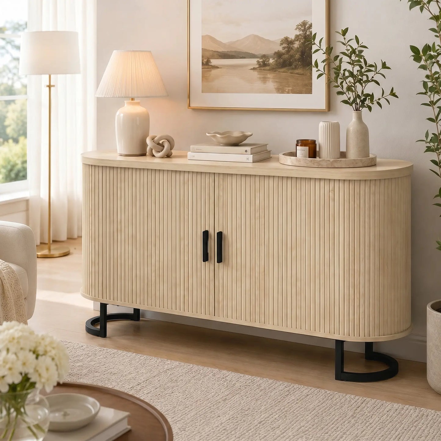 Fluted Sideboard Buffet Cabinet, 55", Natural
