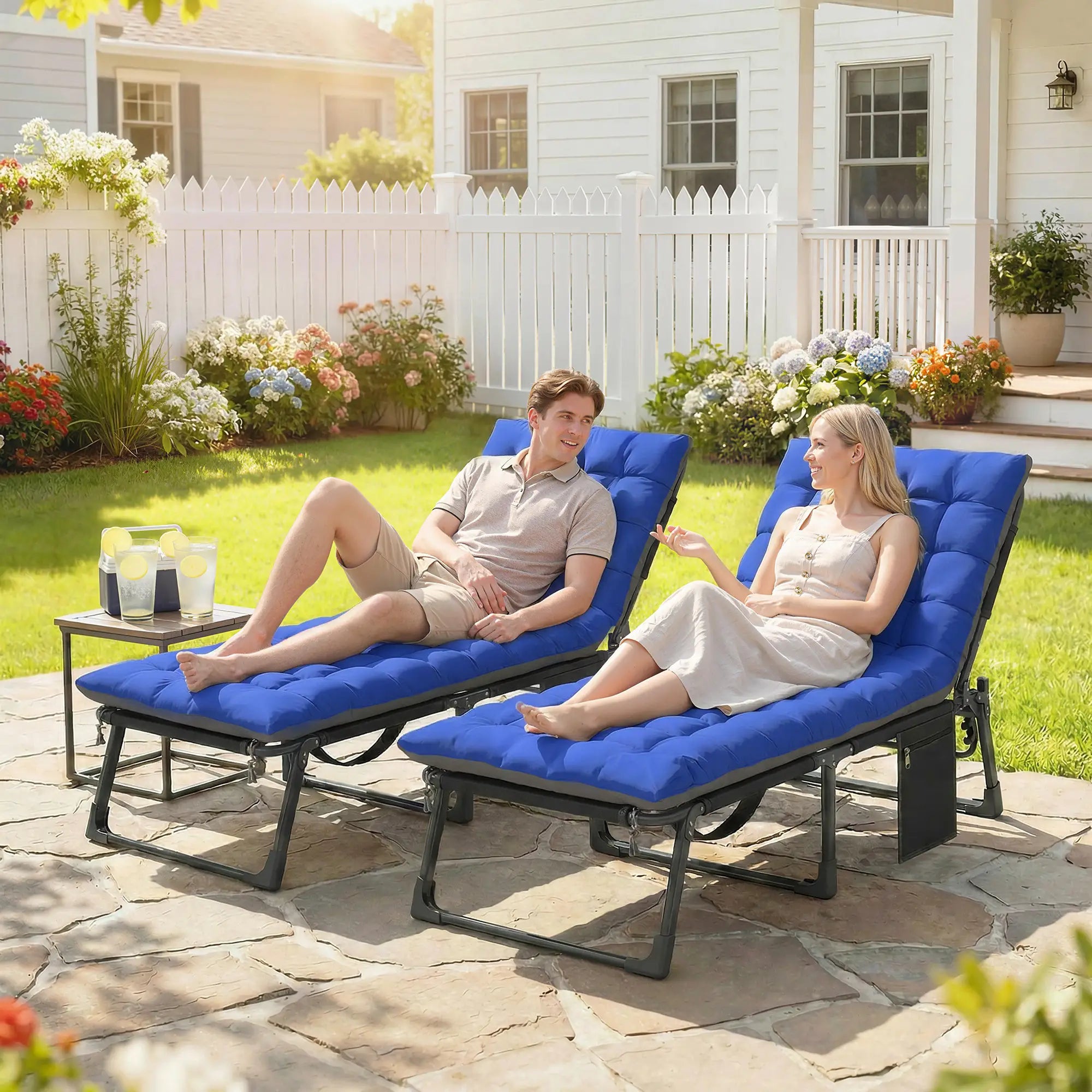 75 cm Wide Folding Chaise Lounge Chair, Set of 2, Grey/Blue Lounger Chairs at Gallery Canada