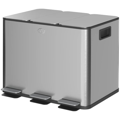 Triple Garbage Bin, Soft Close Trash Can, 3 x 20 Liter, Silver