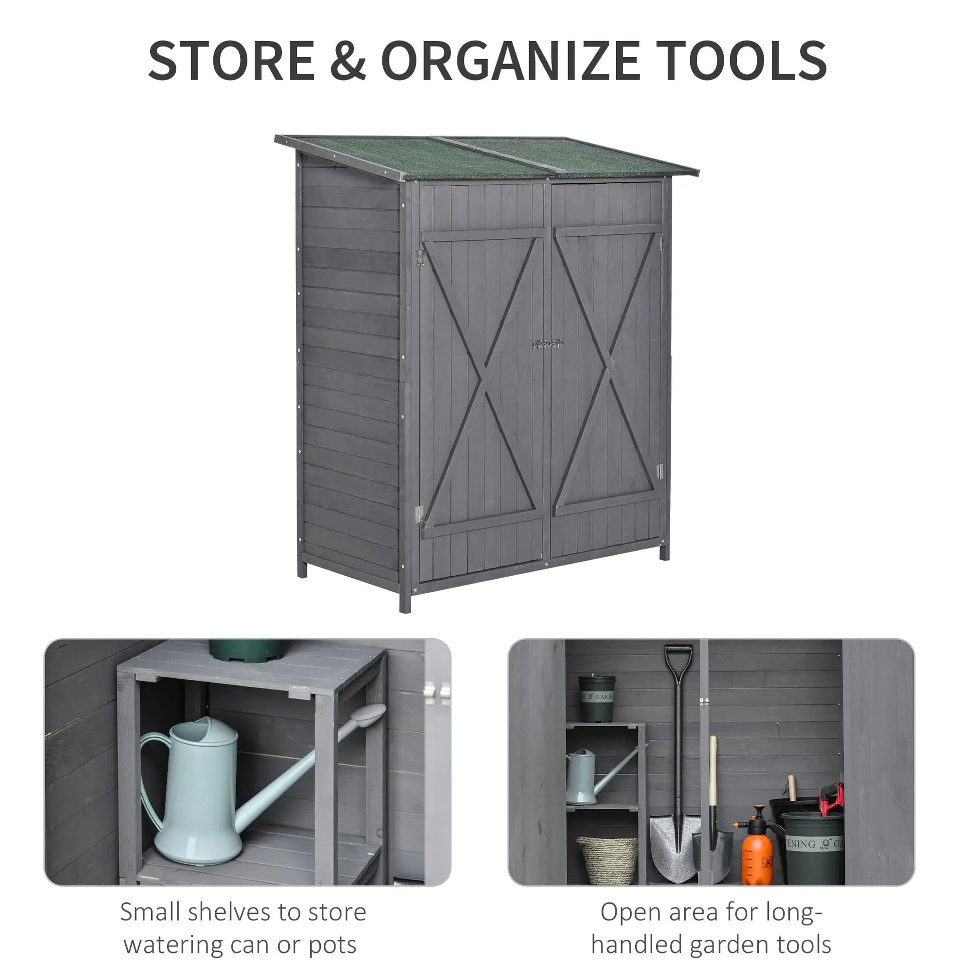 Garden Storage Shed, Asphalt Roof, Wooden, Double Door, Green and Grey Sheds at Gallery Canada