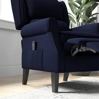 Push Back Recliner Chair, Vibration Massage, Extendable Footrest, Remote, Pocket, Blue Single Sofas at Gallery Canada