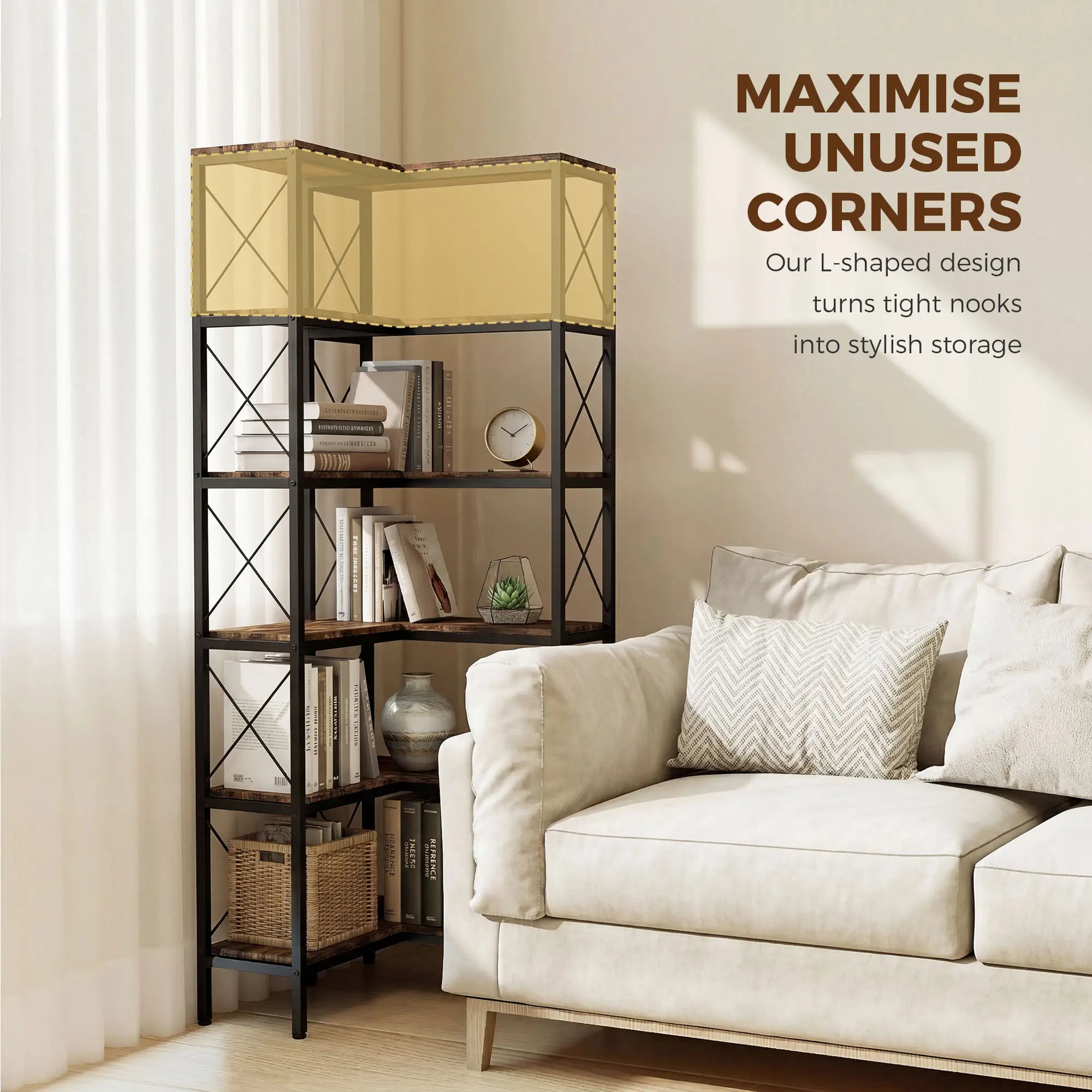 6-Tier L-Shaped Bookshelf, Freestanding Corner Bookcase with Metal Frame, Rustic Brown Display Bookshelves at Gallery Canada