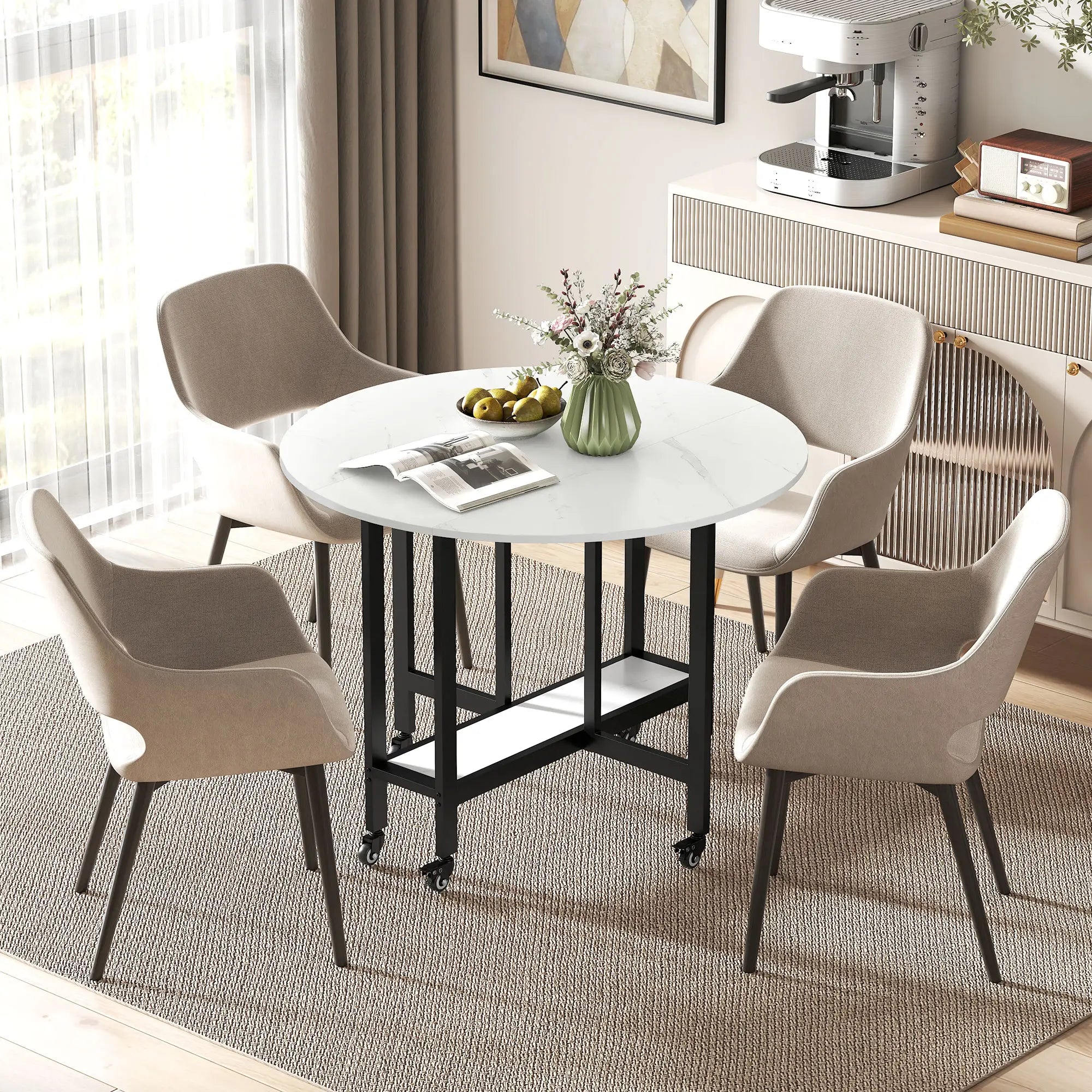Folding Drop Leaf Table, White Marble, Open Shelf, Rolling Kitchen Table, White Dining Tables at Gallery Canada