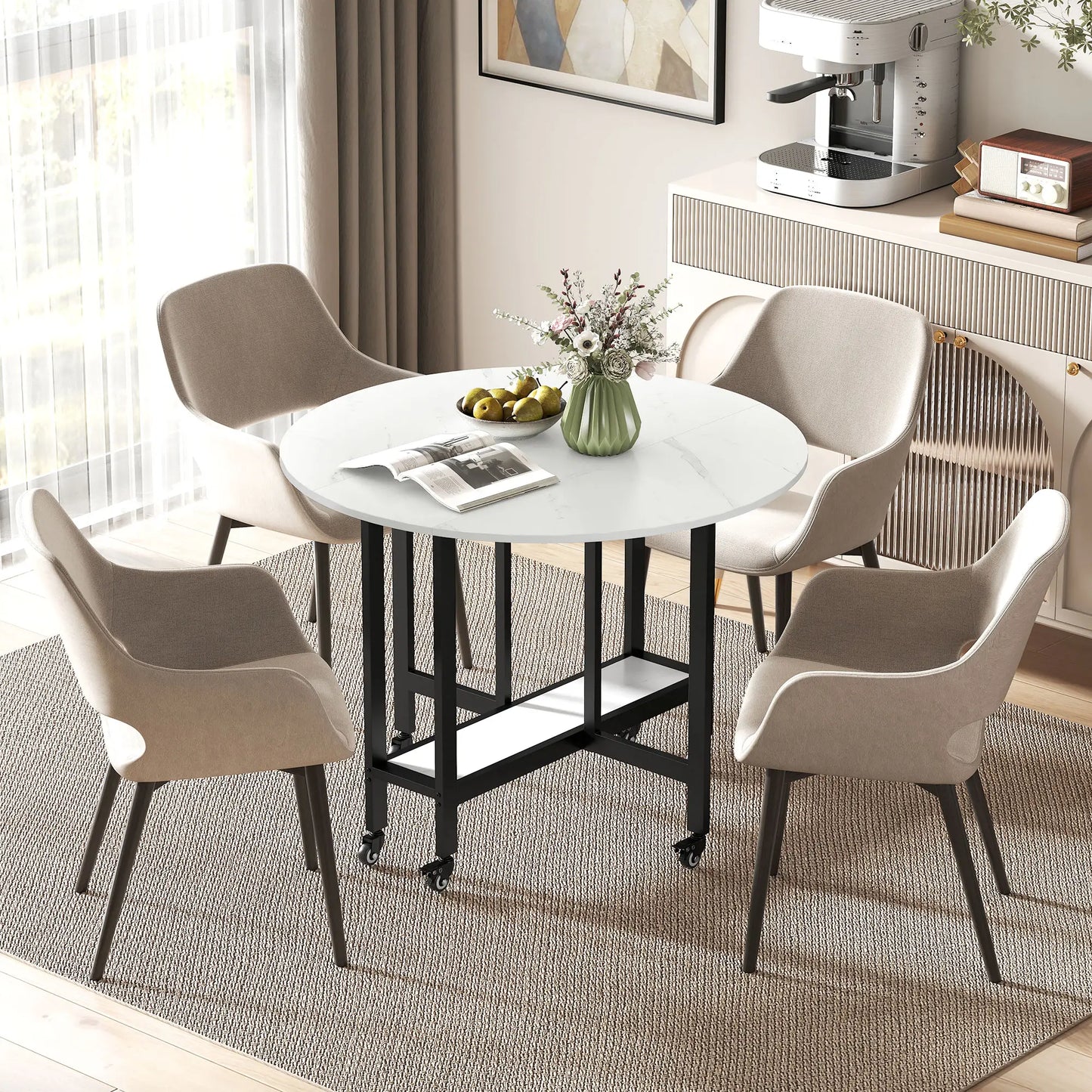 Folding Drop Leaf Table, White Marble, Open Shelf, Rolling Kitchen Table, White Dining Tables at Gallery Canada