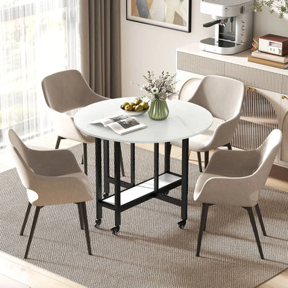 Folding Drop Leaf Table, White Marble, Open Shelf, Rolling Kitchen Table, White Dining Tables at Gallery Canada