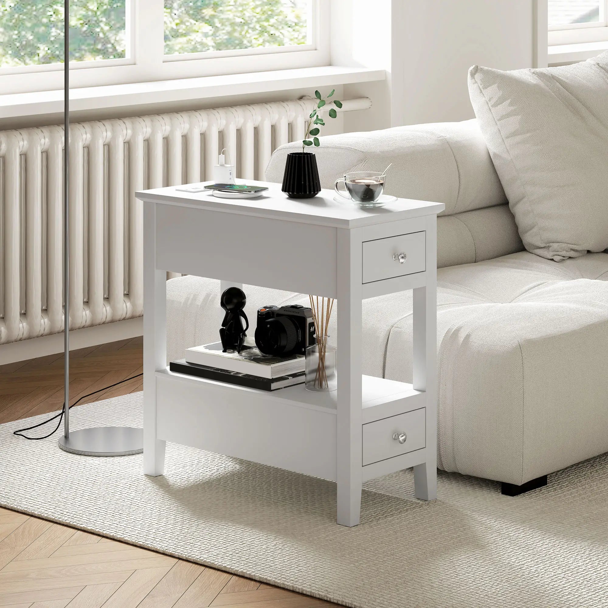 Narrow Side Table, Charging Station, USB Ports, Storage Shelf, Drawers, White Side Tables at Gallery Canada