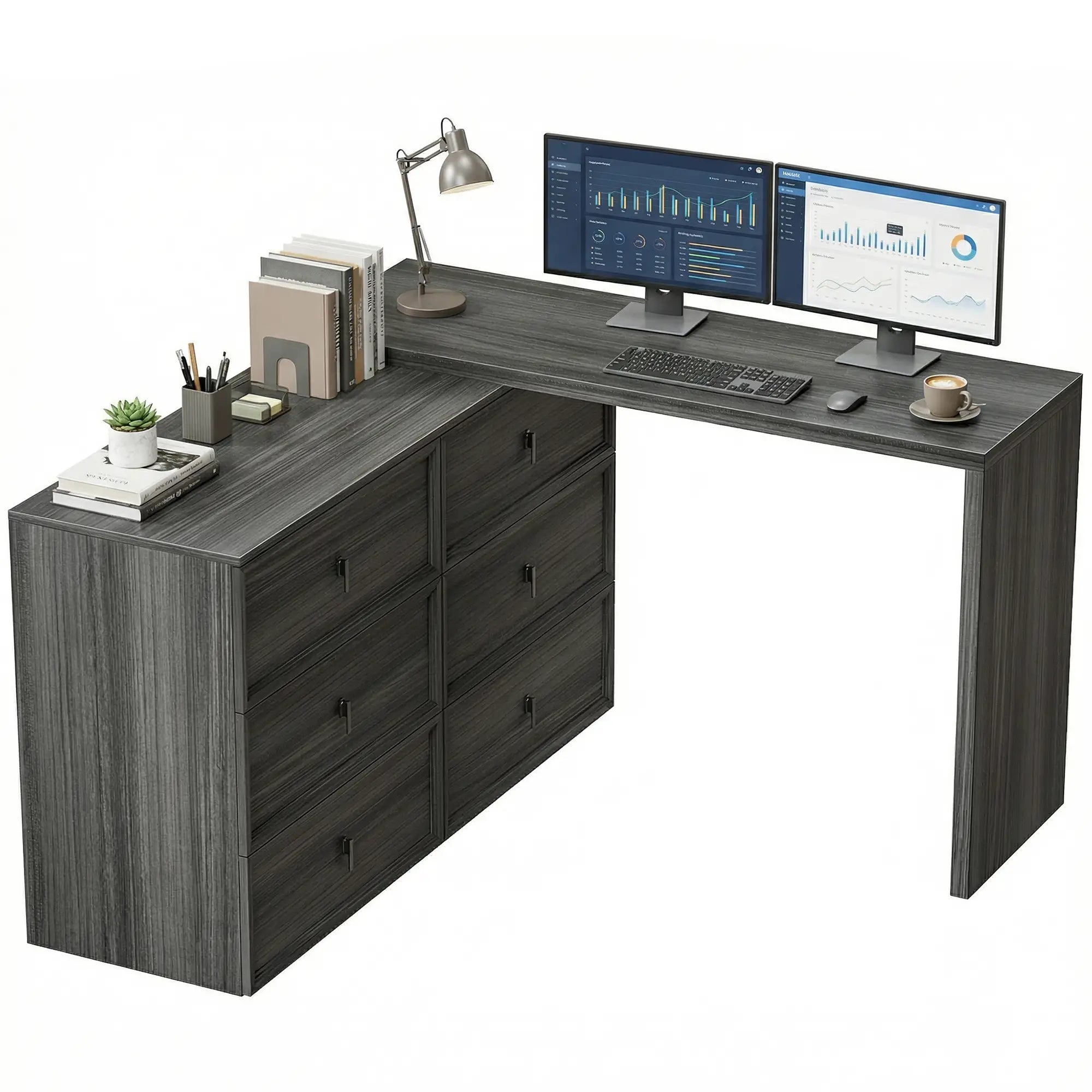 L Shaped Computer Desk, 6 Drawers, Wood Grain, Black Computer Desks at Gallery Canada