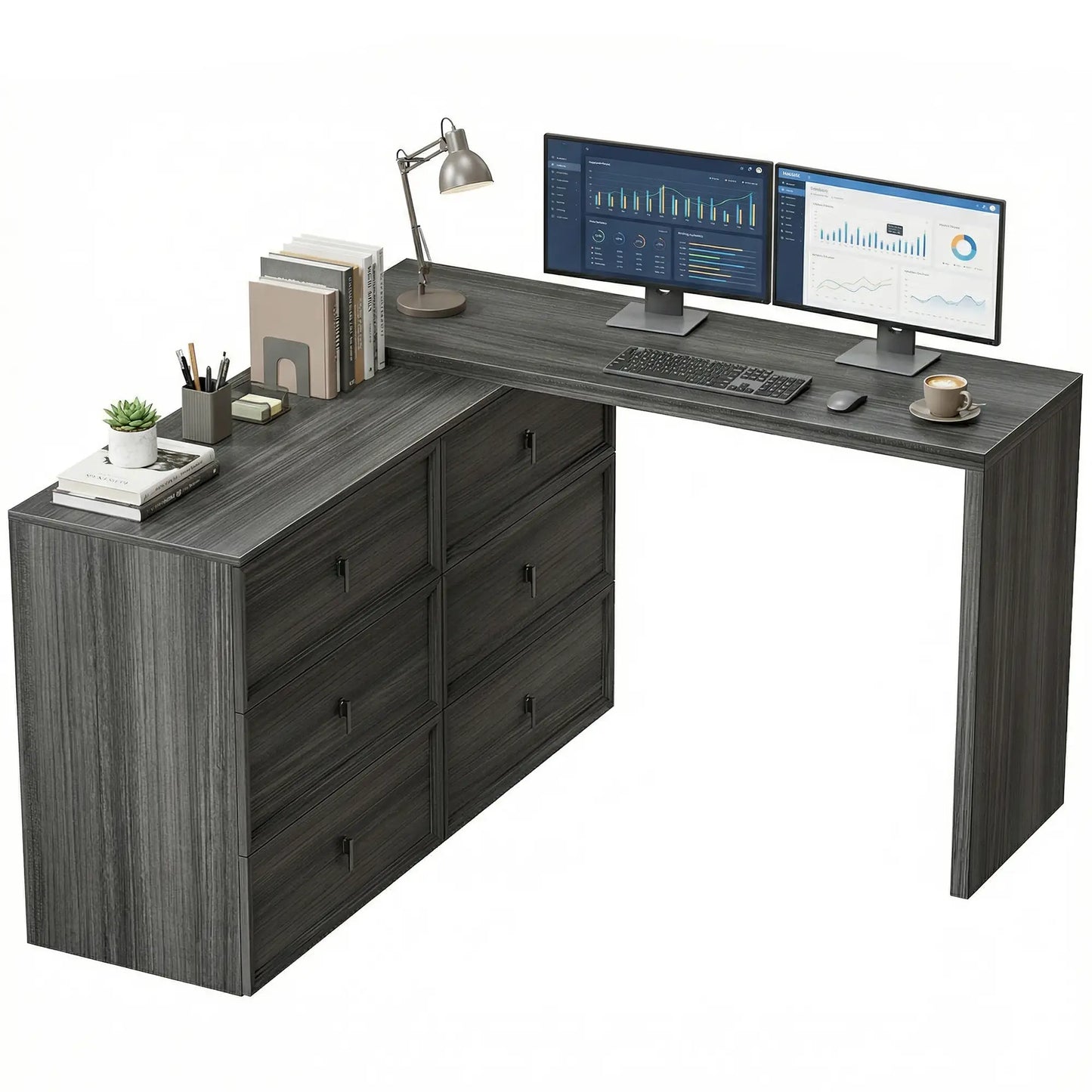L Shaped Computer Desk, 6 Drawers, Wood Grain, Black Computer Desks at Gallery Canada