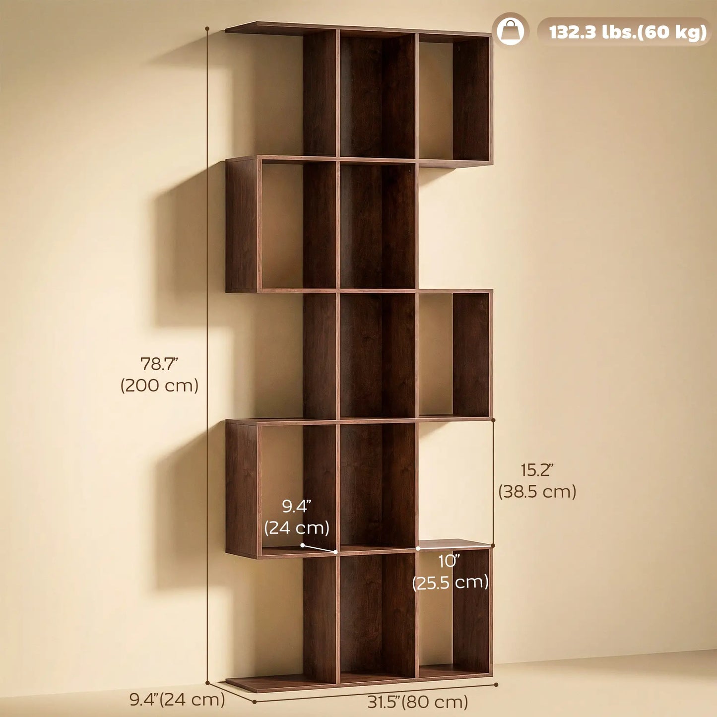 5-Tier S Shaped Geometric Bookshelf, 15 Compartments, Black Wood Grain, Black Display Bookshelves at Gallery Canada