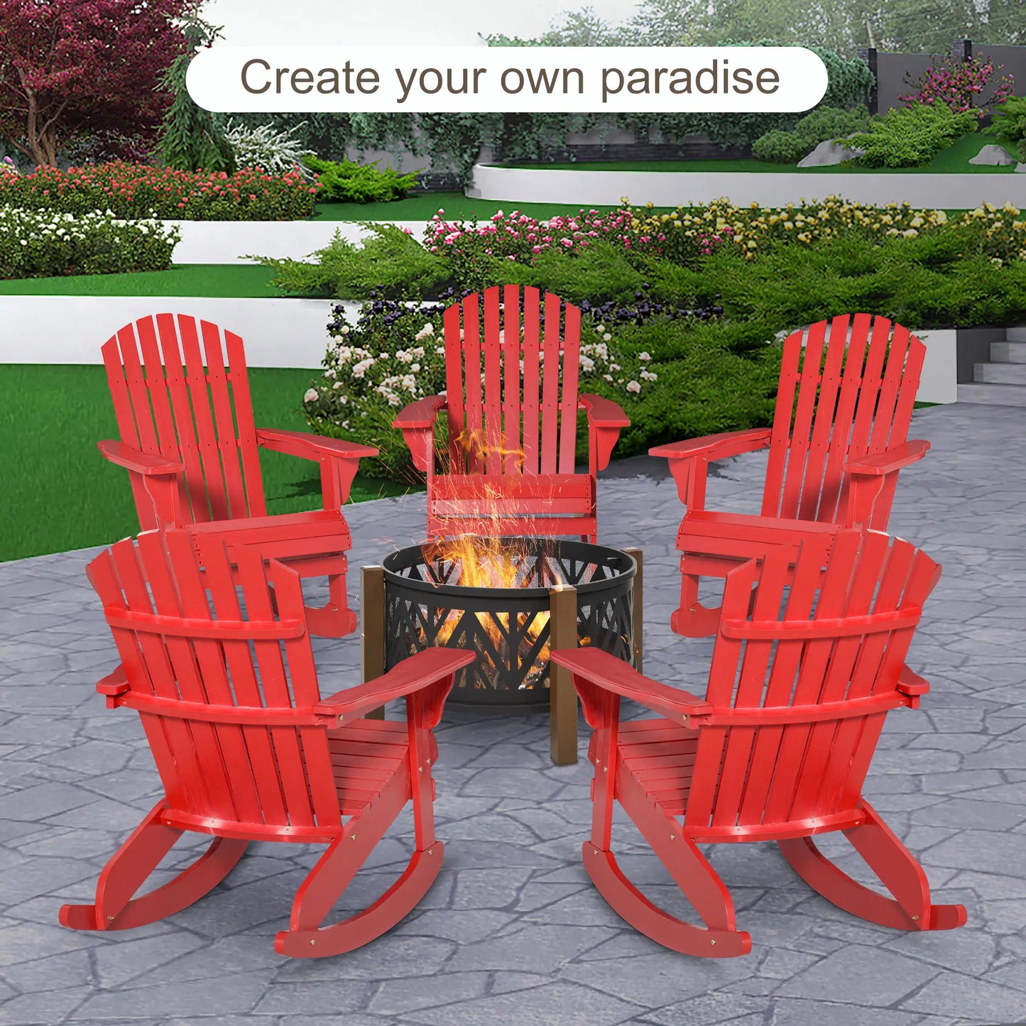 Wooden Adirondack Rocking Chair, Slatted Design, Fanned Back, Rustic, Red Outdoor Rocking Chairs at Gallery Canada