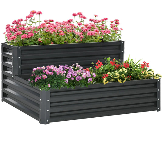 2 Tier Raised Garden Bed, 47" x 40" x 23", Galvanized Steel, Dark Grey Galvanized Planter Boxes Dark Grey at Gallery Canada