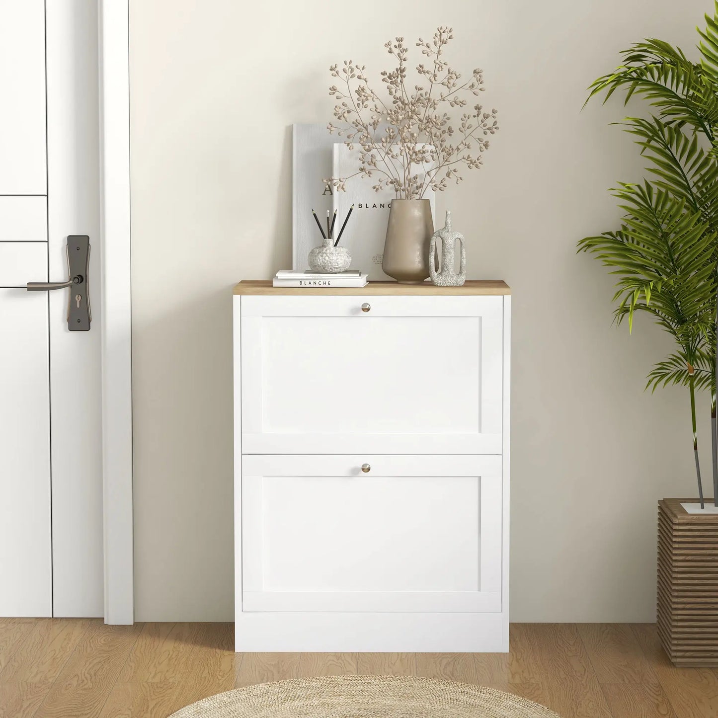 Slim Shoe Storage Cabinet, 2 Flip Drawers, Adjustable Shelves for 12 Pairs, White Shoe Storage Cabinets & Racks at Gallery Canada