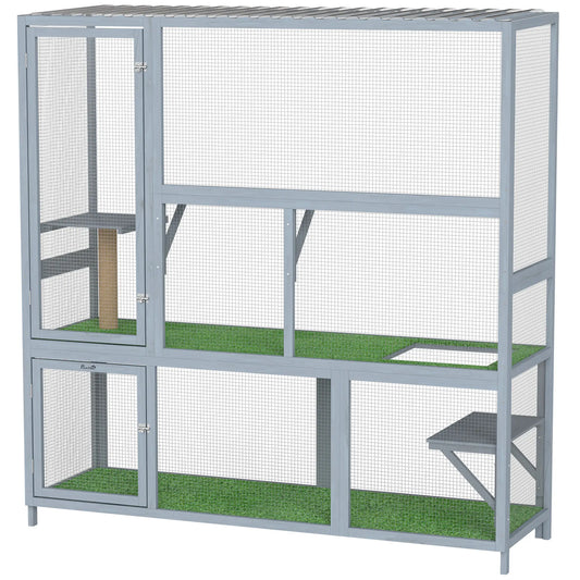 Wooden Catio, 77"H Cat House With Roof, Platforms, Scratching Post Outdoor Cat Enclosures Light Grey, Transparent, Green at Gallery Canada
