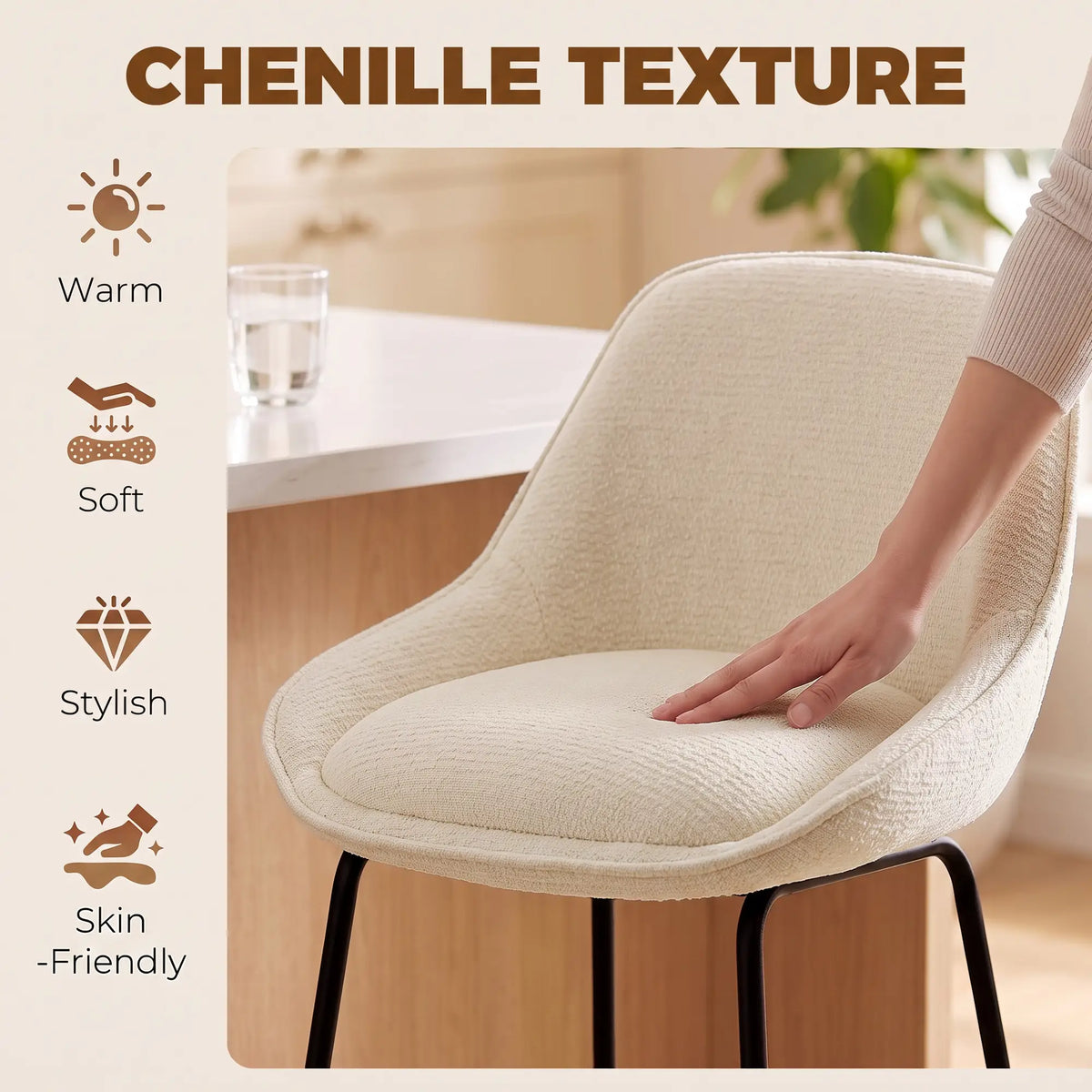 Chenille Bar Stools Set of 2, Cream White, Counter Height, Backrest