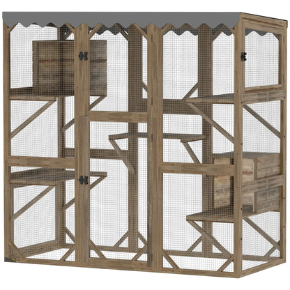 Wooden Catio Outdoor, Waterproof Cover, 5 Platforms, 59" x 28" x 59", Brown Outdoor Cat Enclosures Brown at Gallery Canada
