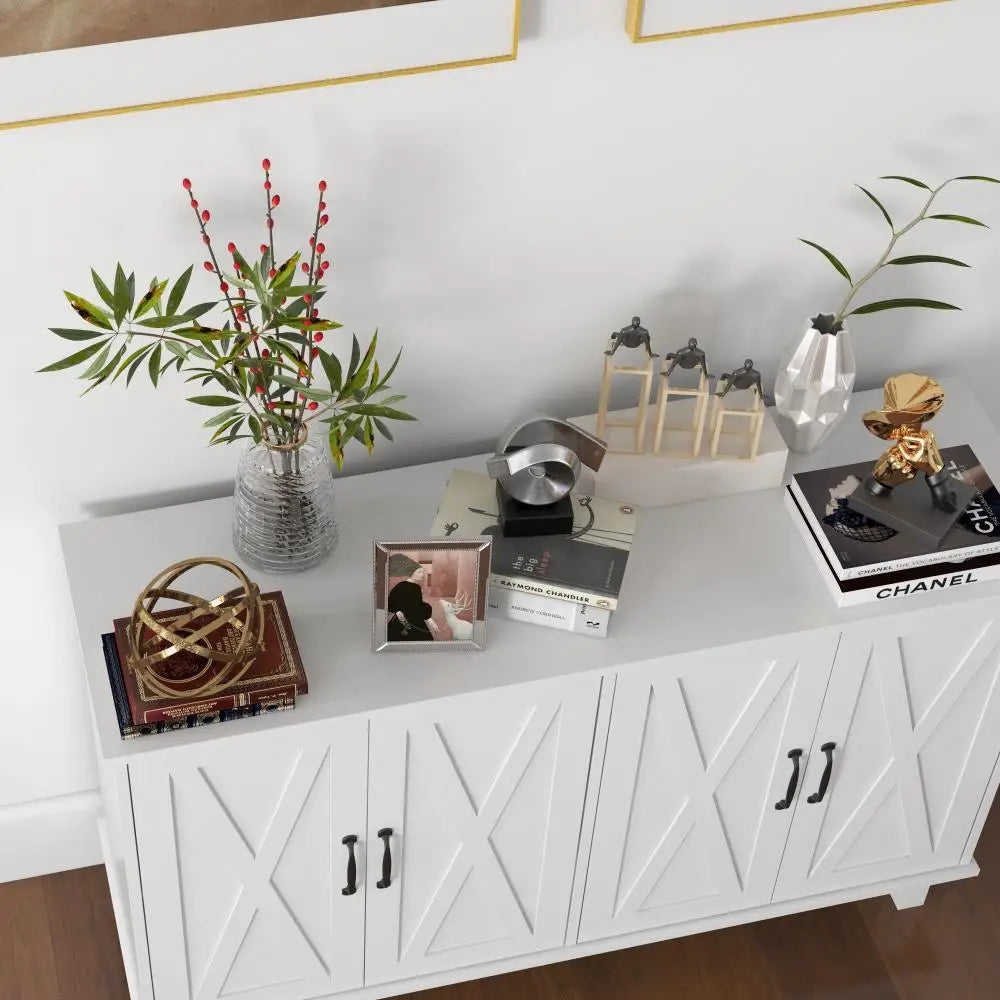 Kitchen Sideboard Cabinet, 4 Barn Doors, 2 Adjustable Shelves, White Bar Cabinets at Gallery Canada