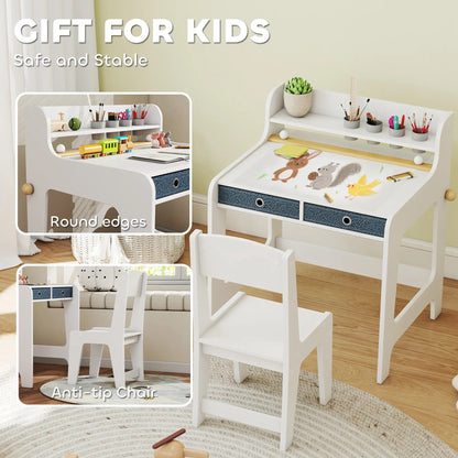Kids Study Table and Chair Set, Art Desk with Storage Shelf, 3-8 Year Old