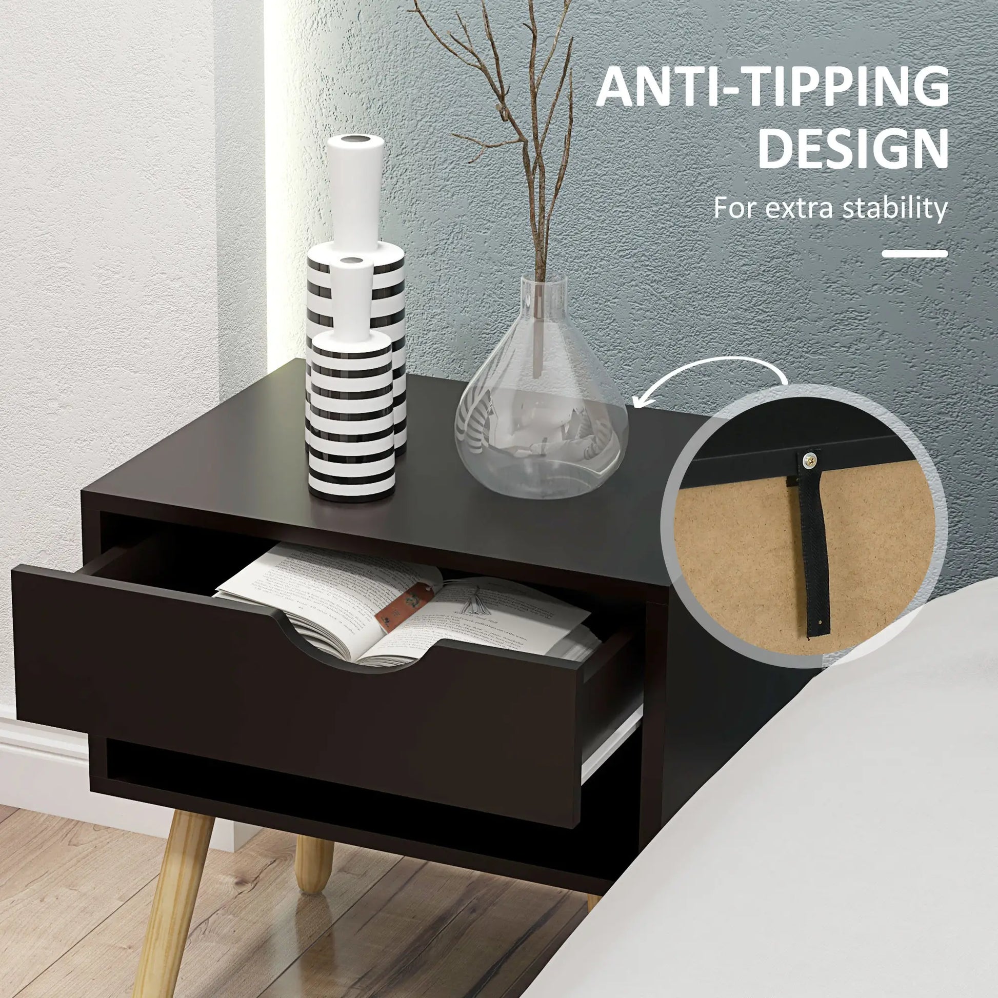 Set of 2 Nightstands with Storage Drawer and Shelf, Modern Bedside Table for Bedroom, Black Bedside Tables at Gallery Canada