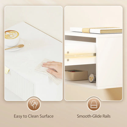 Set of 2 Floating Nightstands, Wall Mounted with Fluted Drawer and Shelf, White