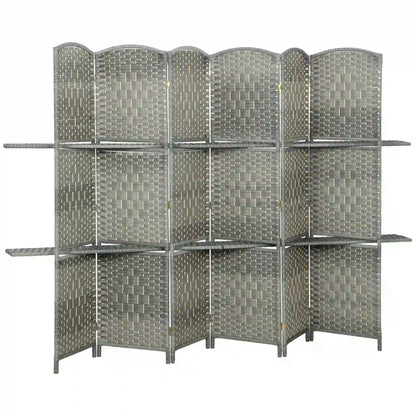 6 FT Privacy Screen, 6 Panel Room Divider With Shelves, Grey