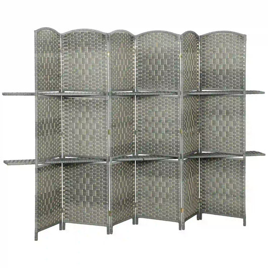 6 FT Privacy Screen, 6 Panel Room Divider With Shelves, Grey