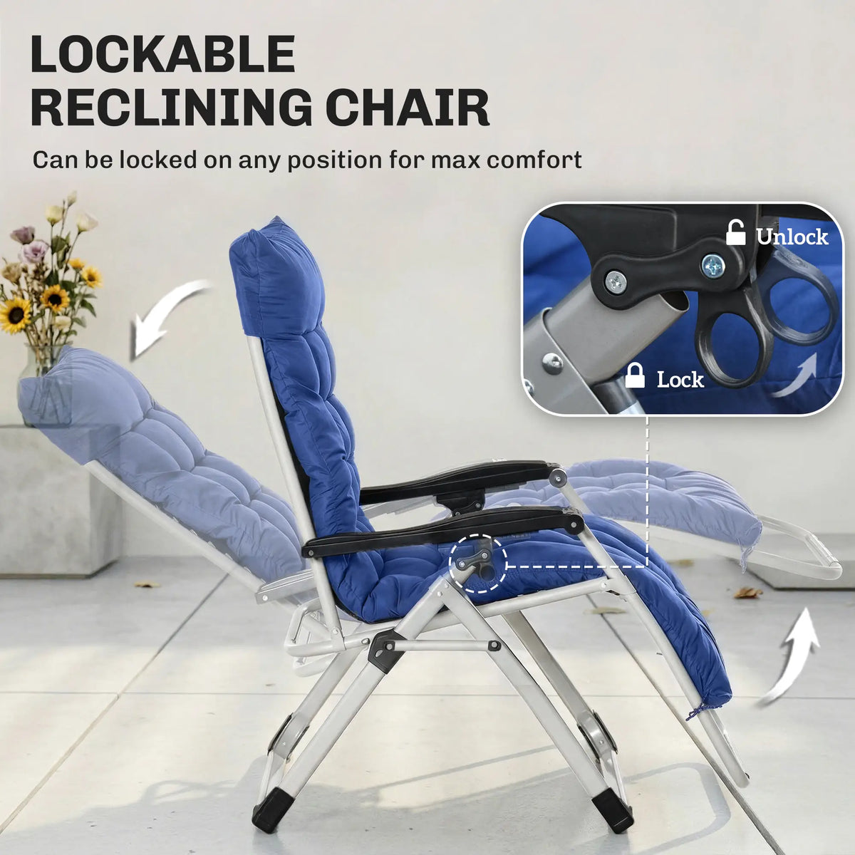 Reclining Zero Gravity Chair, Adjustable Backrest, Folding Garden Lounger, Dark Blue