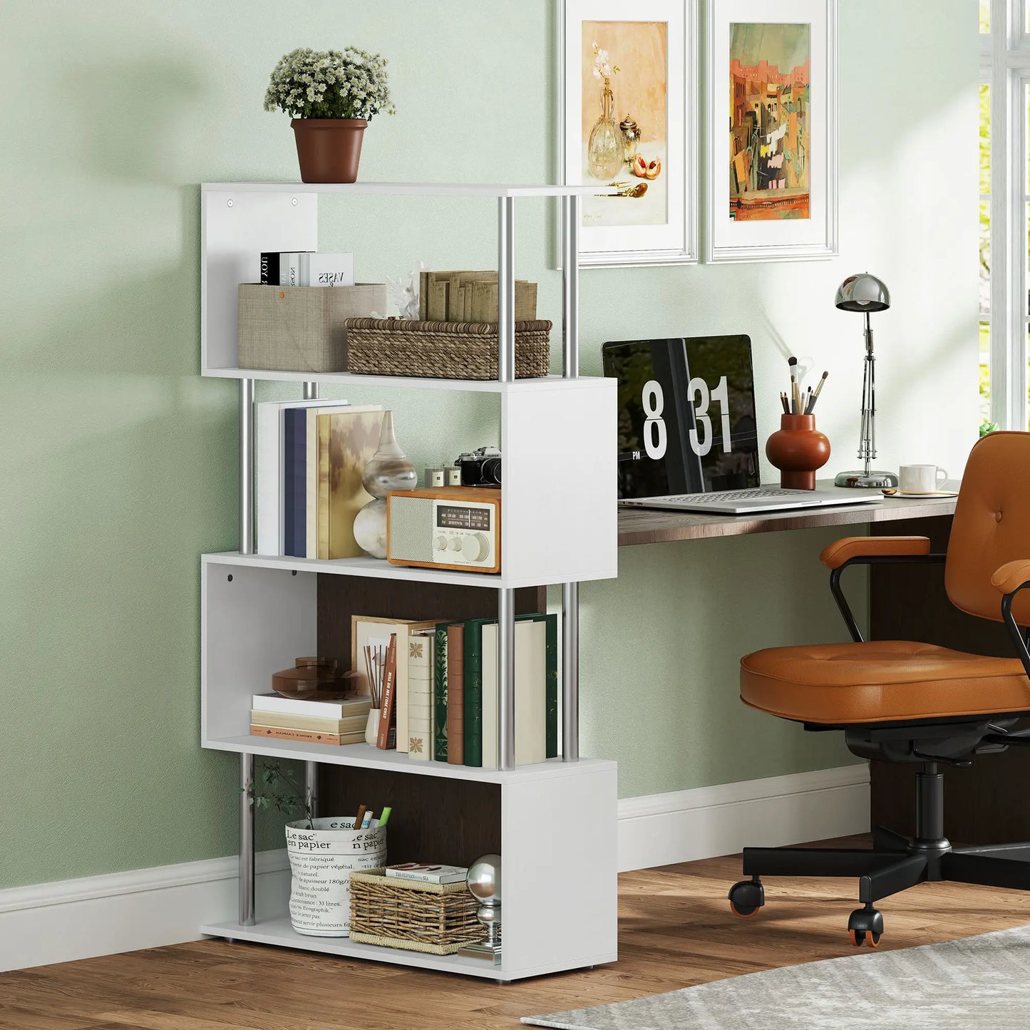 5-Tier Geometric Wooden Bookcase, S-Shaped Storage, White Display Bookshelves at Gallery Canada