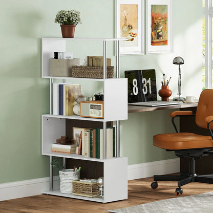 5-Tier Geometric Wooden Bookcase, S-Shaped Storage, White Display Bookshelves at Gallery Canada