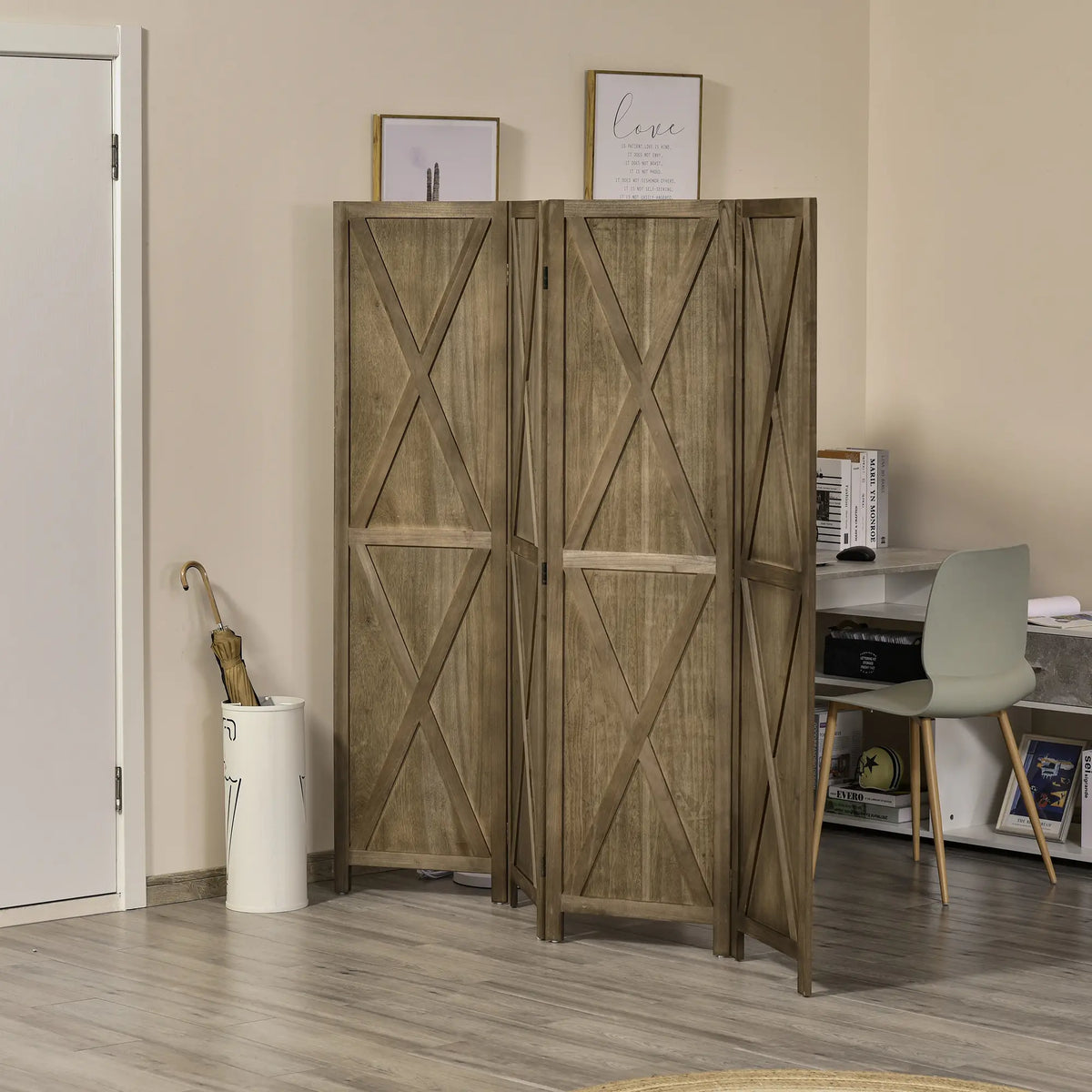 4-Panel Farmhouse Room Divider, Foldable Wooden Frame 5.6FT, Brown Room Dividers at Gallery Canada