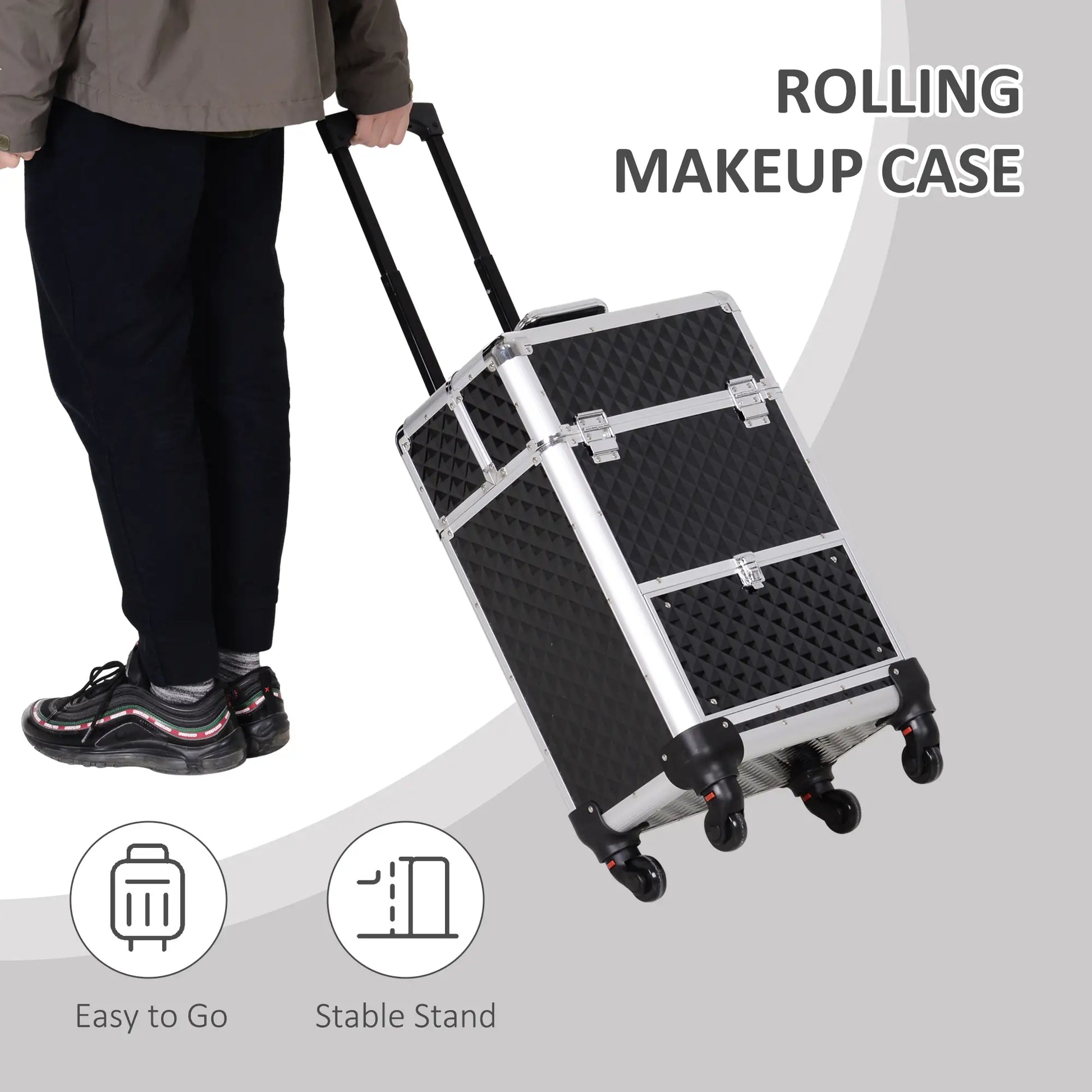 Portable Aluminum Makeup Train Case, Rolling Cosmetic Organizer, 4 Wheels, Black Makeup Cases at Gallery Canada