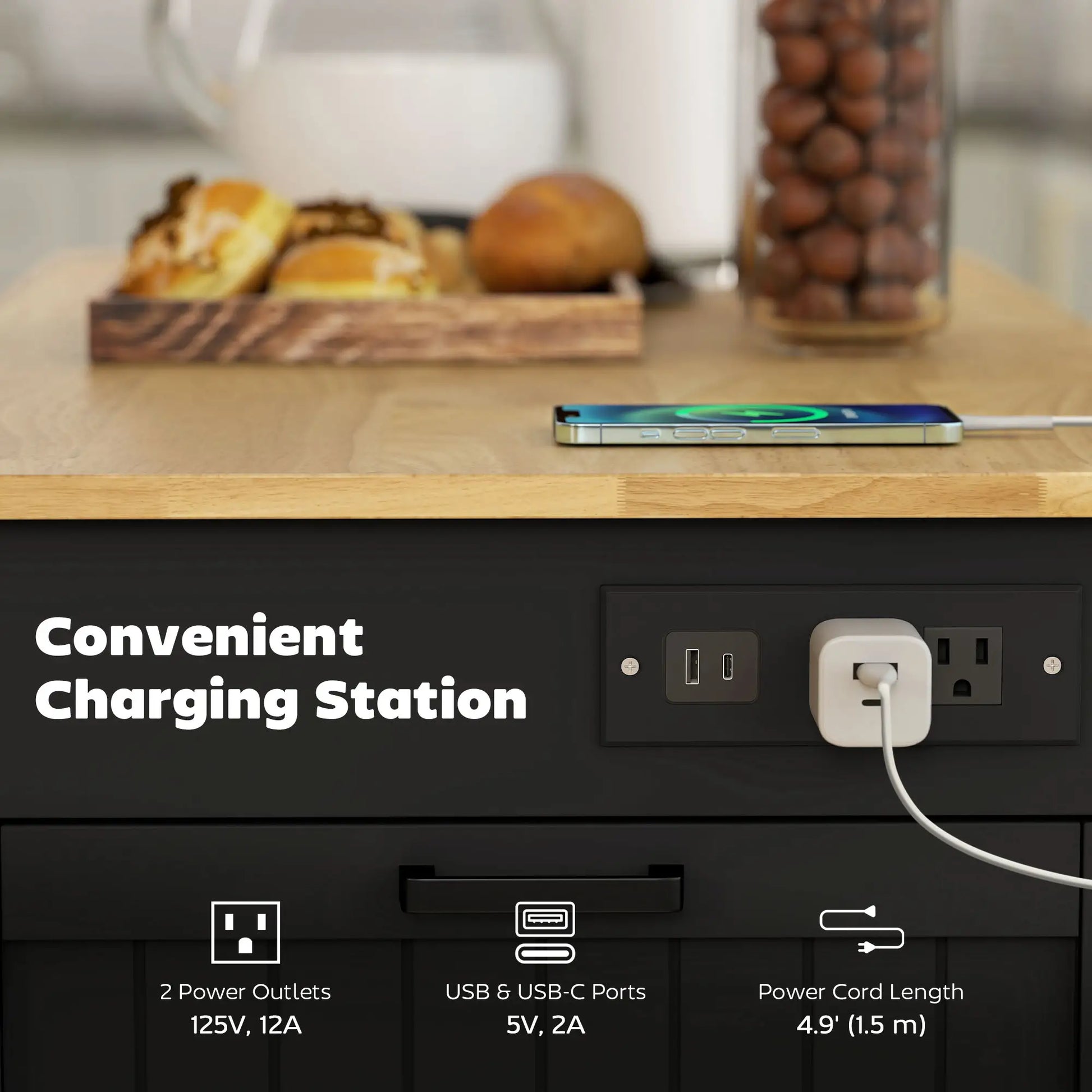 Kitchen Island Cart, Portable Table with Charging Station, Rubber Wood Drop Leaf, Trash Storage, Black Kitchen Islands & Kitchen Carts at Gallery Canada