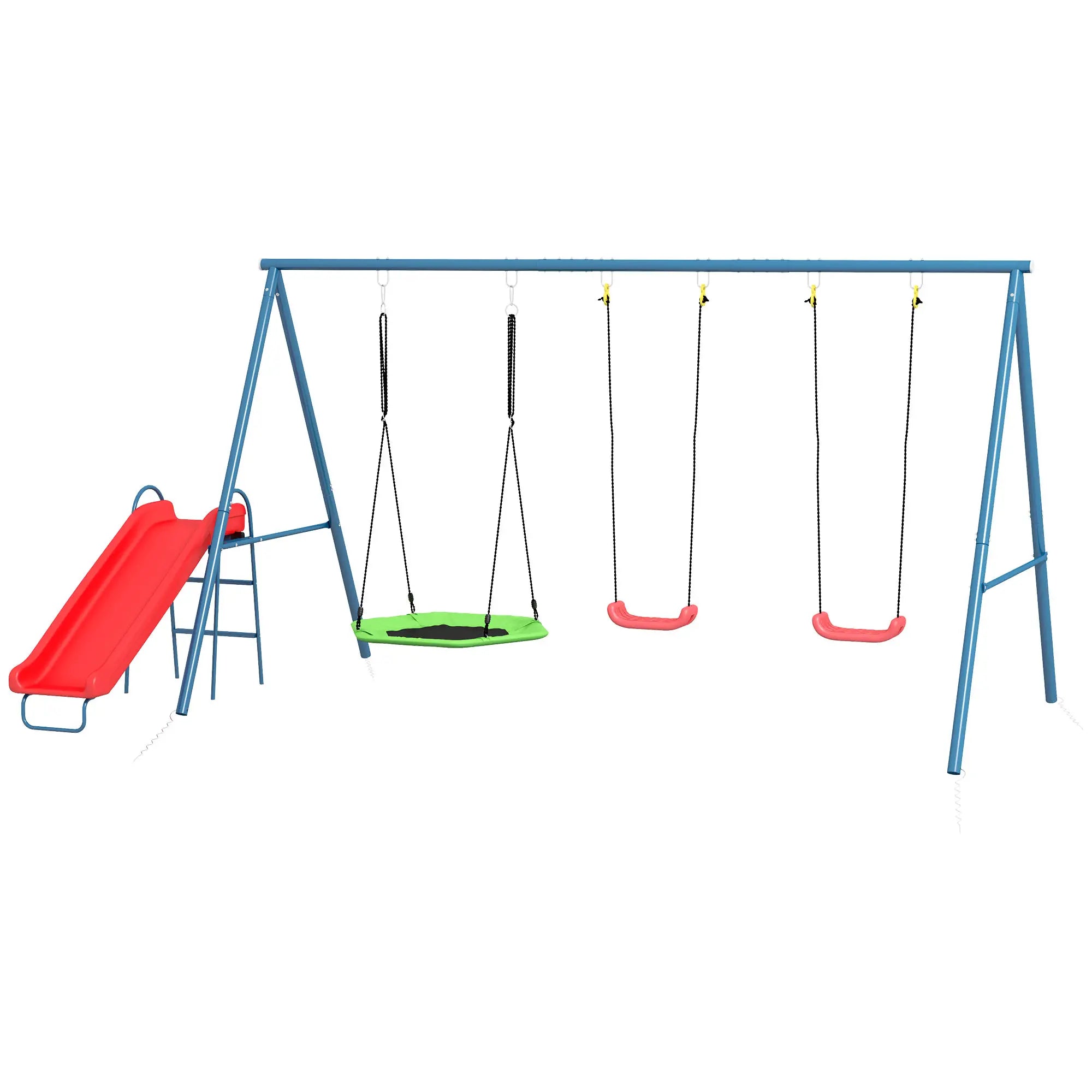 Metal Swing Set, 3 In 1 Design, Nest Swing, 2 Seats, Slide, 352 Lbs, Ages 3-8 Gym Sets & Swings Red, Dark Blue, Green at Gallery Canada
