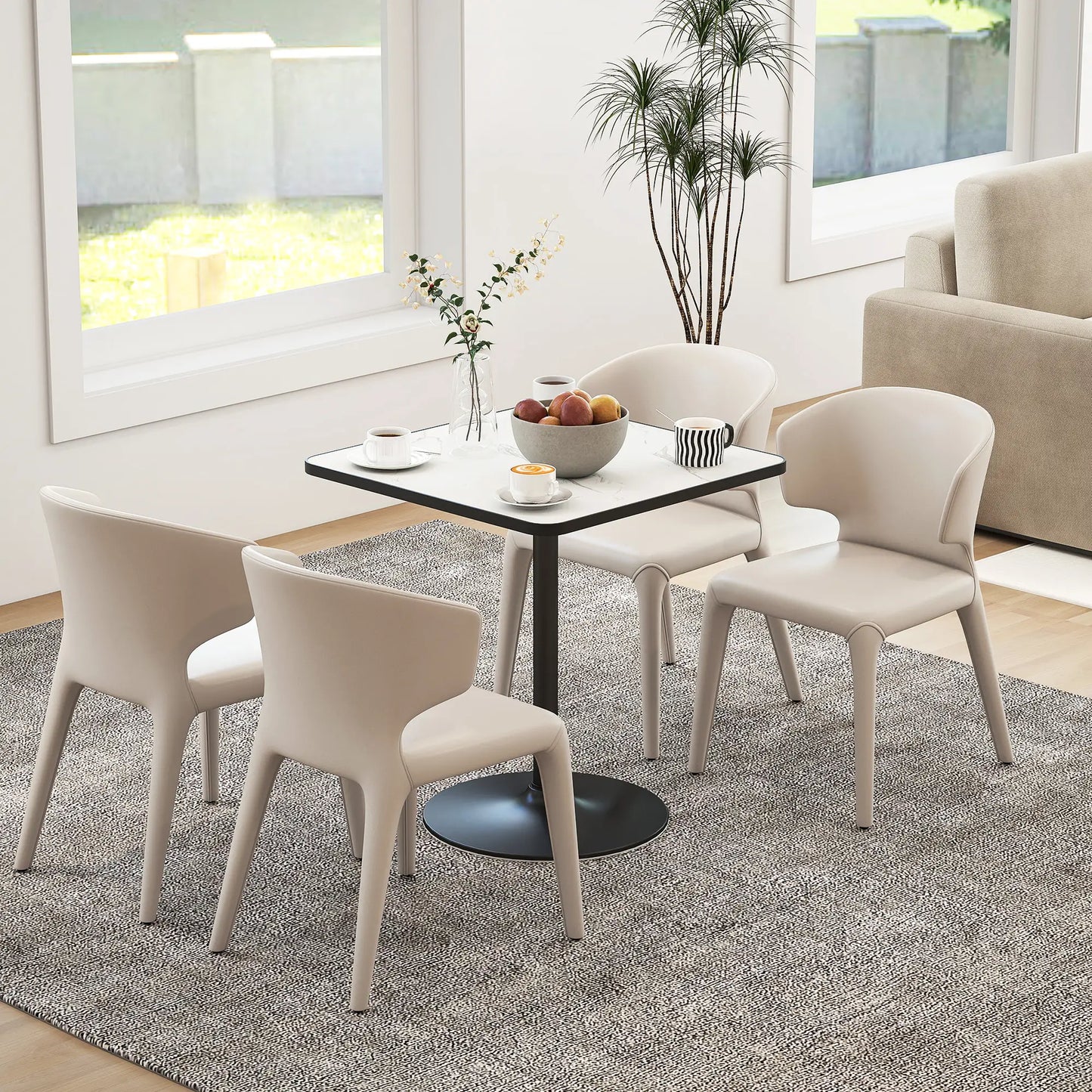 Modern Dining Table For 4, White Marble Effect Tabletop, Round Base, White