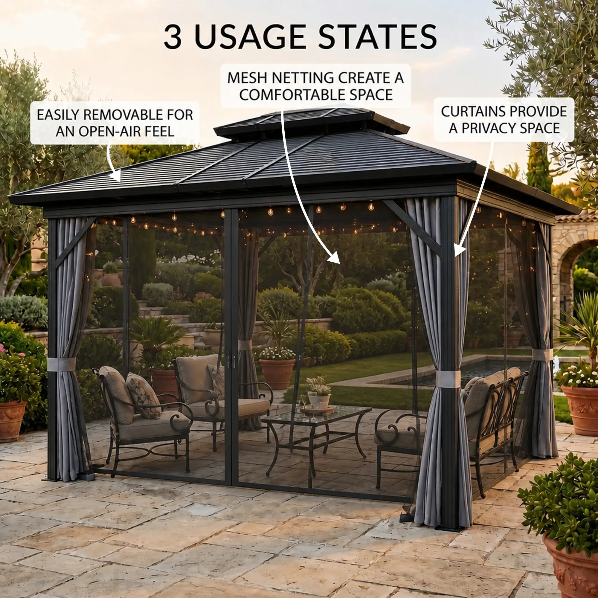 10' x 12' Hardtop Gazebo, Sun Shelter, Metal Roof, Mosquito Net, Light Grey Gazebos at Gallery Canada